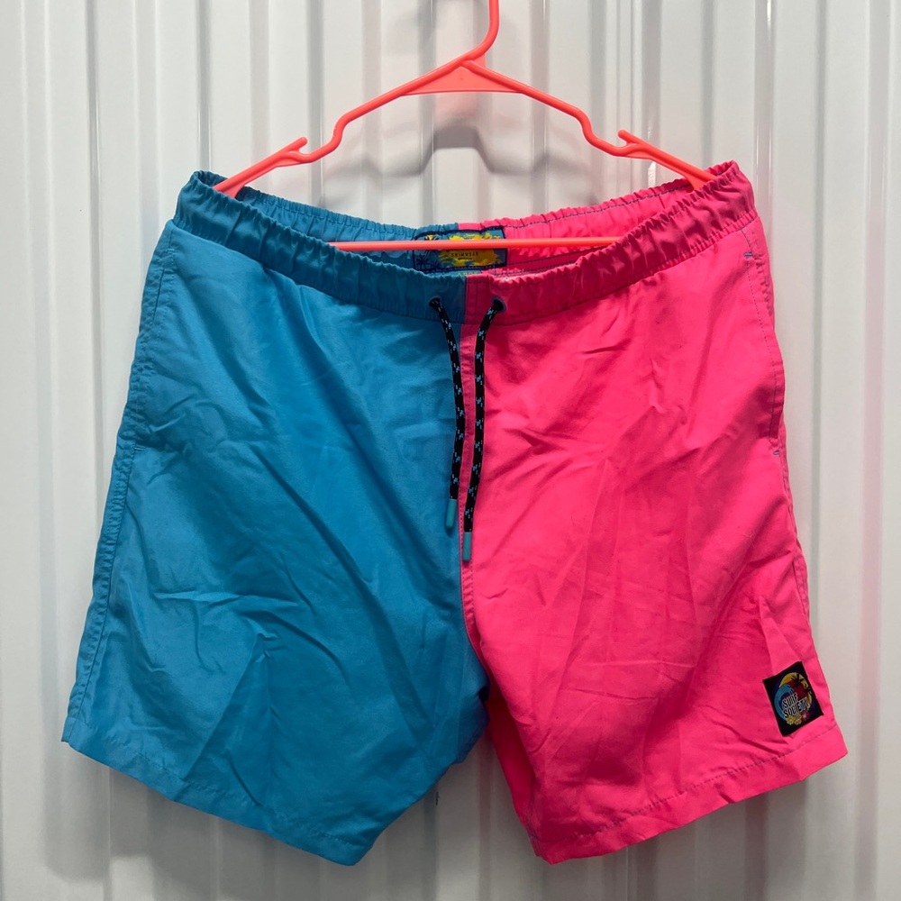 80’s Retro Neon Society Board Shorts Blue and Pink Swim Trunks